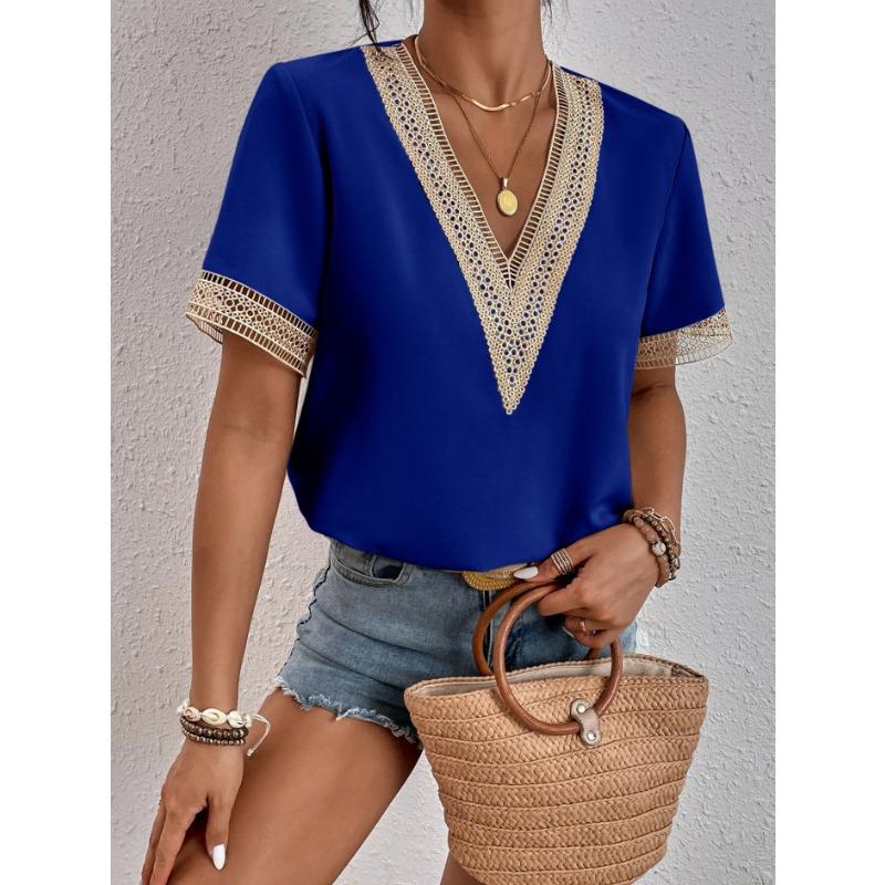 2Wish Women's Collar Lace Loose Top Commuter Short Sleeve Shirt Women's Style