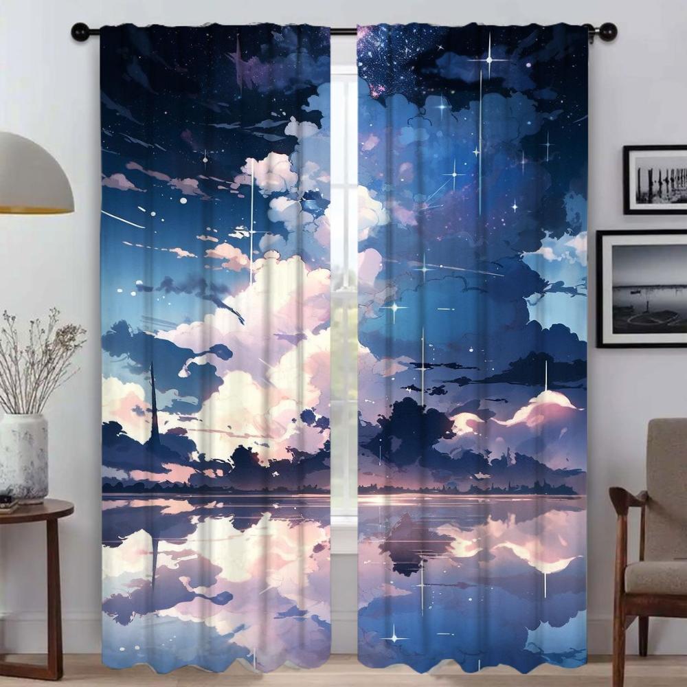 Curtains for Living Room Curtain Sky and Ocean Kitchen Curtains 2 Pieces Halloween Decoration Tulle for Bedroom Partition Camera
