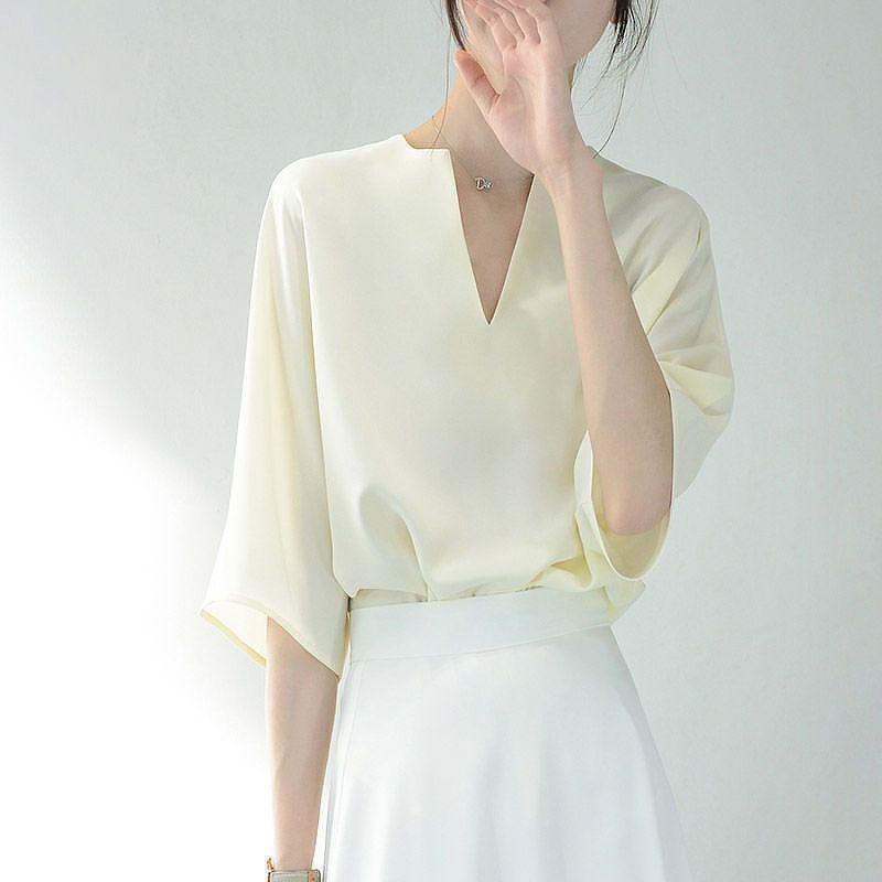 Classic Solid Color Office Loose Blouse Women New Summer V-neck All-match Half Sleeve Chiffon Pullover Comfortable Shirt 2023