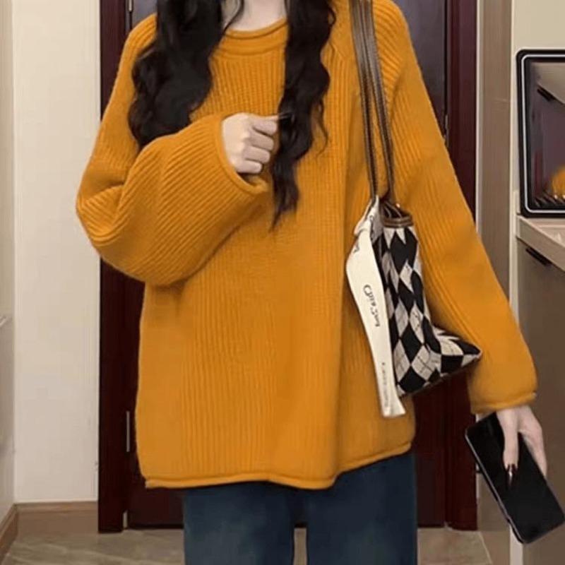 Lazy wind large size knitted sweater women's orange white top early spring autumn and winter age-reducing fashion bottoming shirt