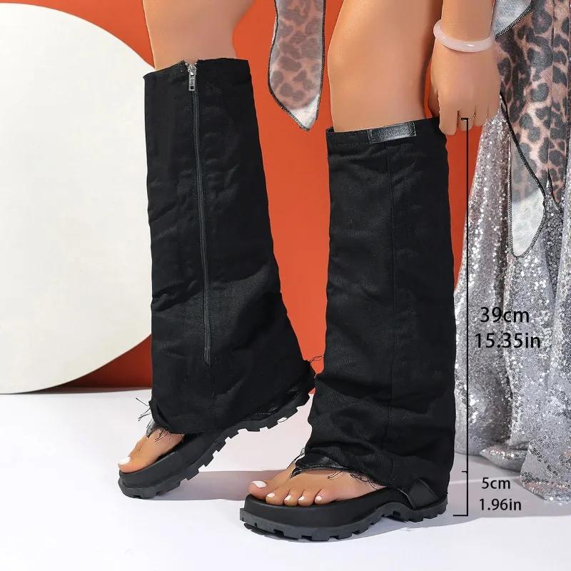 

Fashion Denim Women s Knee-High Cool Boots Summer Peep Toe Flip Flops Side Zipper Thick Soled Black Pants Sandals Ladies Shoes 35 чёрный