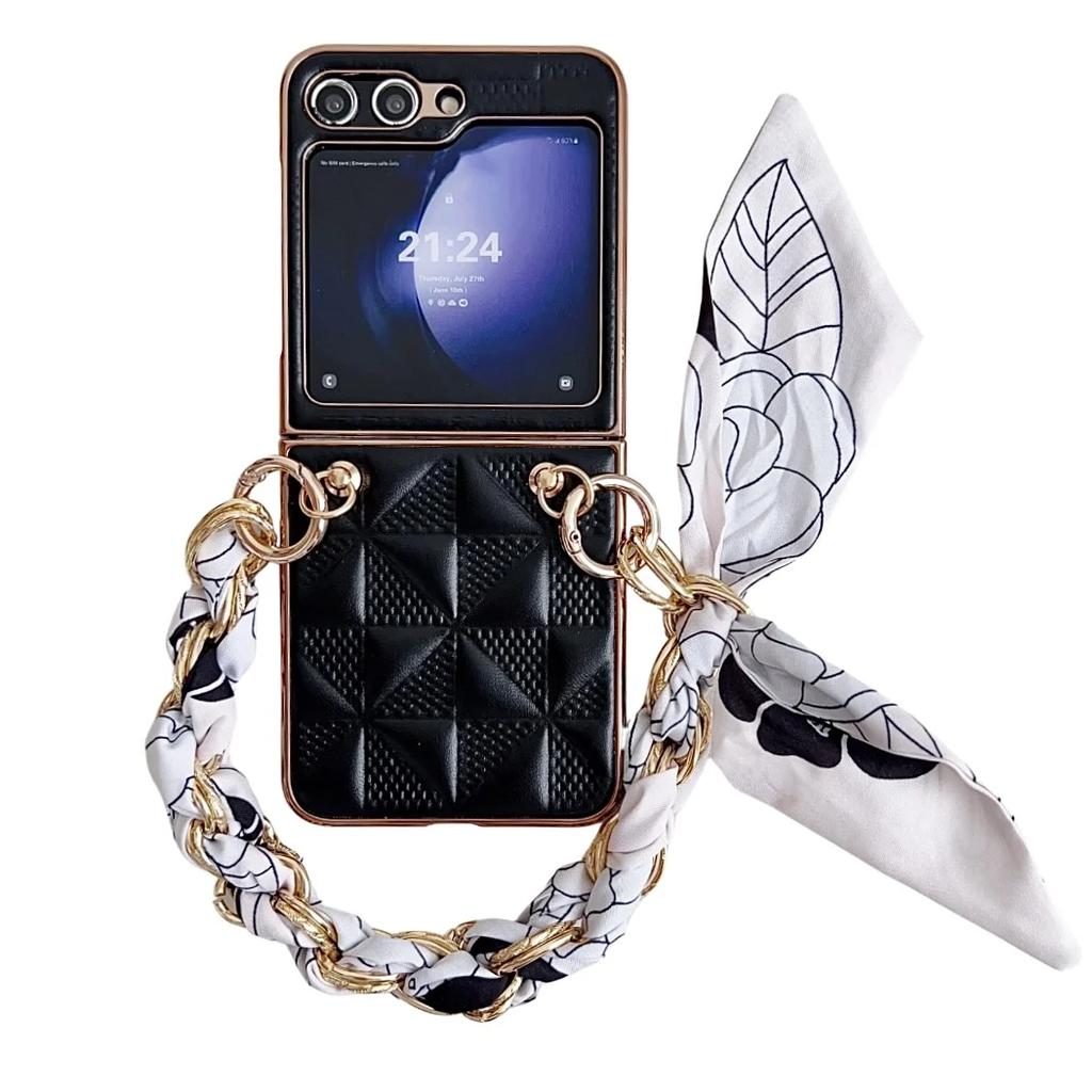 Luxury Leather Wrist Strap Phone Case for Samsung Galaxy Z Flip 6 5  with Protective Shockproof Adjustable Lanyard Cover