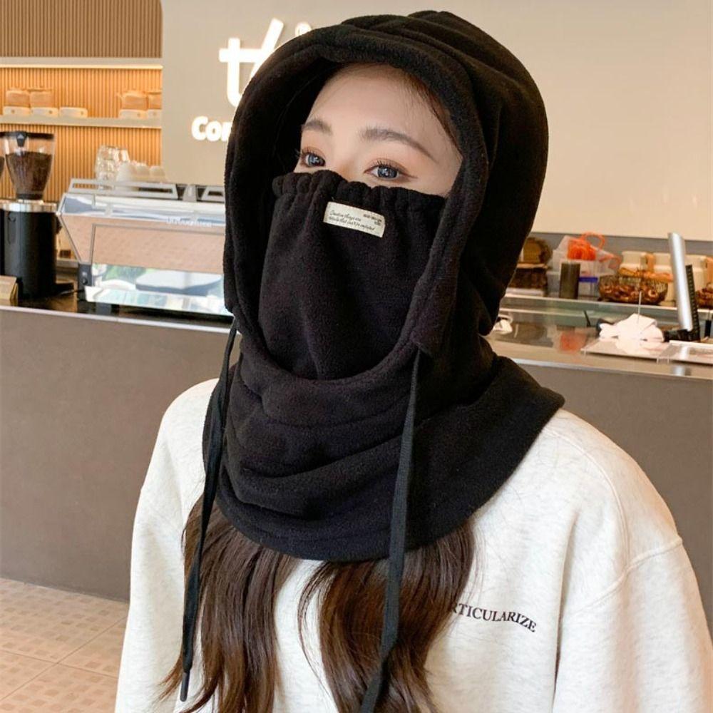Casual Masks Hood Beanies Solid Color Pullover Cap Women Fleece Hat with Mask Ear Protector