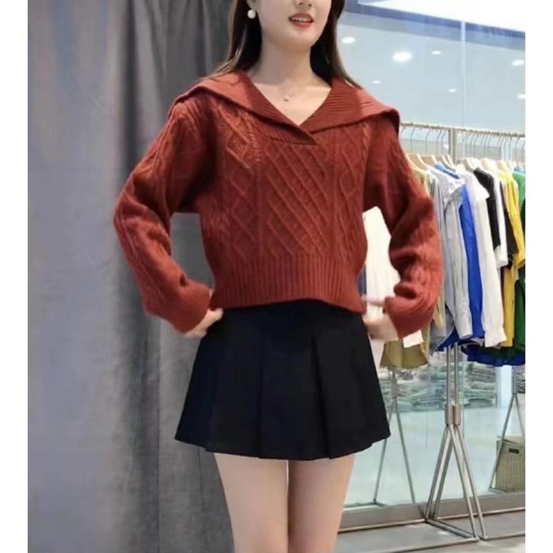 Autumn and Winter New Temperament Elegant Style Retro Navy Collar Rhombus Versatile Solid Color Knitted Sweater Top