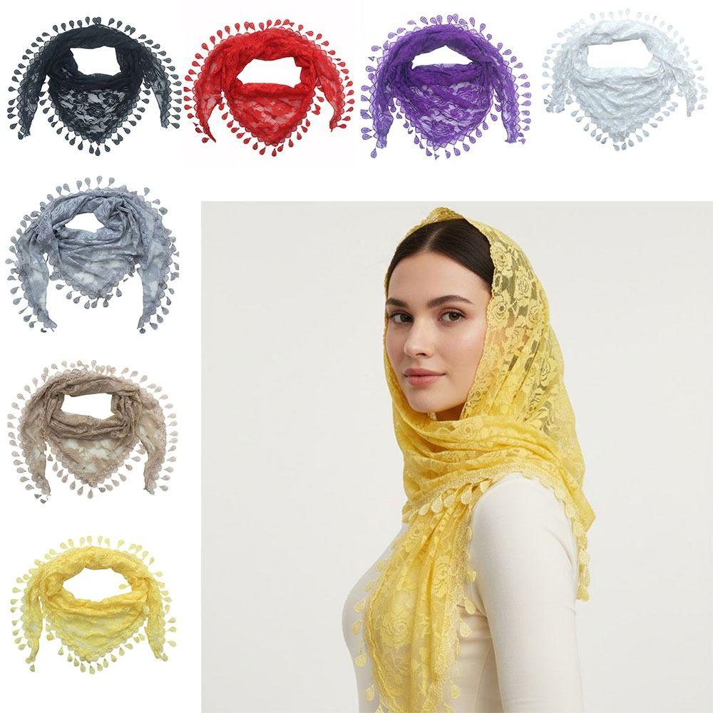 Tassels Chapel Hijab Scarf Lace Floral Hair Wrap Elegant Embroidery Lace Veil Spanish Mantilla