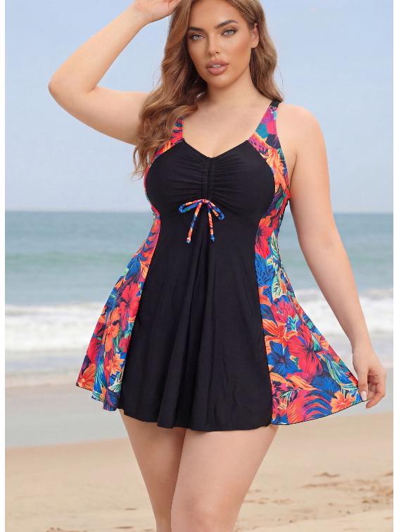 Plus Size Two-Piece Skirt Swimwear: Printed, Tummy Concealing, Slimming Boyshorts, Conservative Style, Ideal for Vacation or Hot Spring.