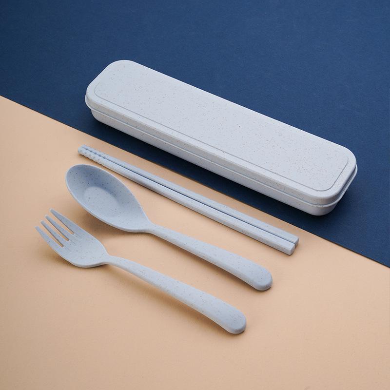 

Набор столовых приборов из пшеничной соломы: Ложка, вилка и палочки для еды - Настраиваемый детский подарочный набор столовой посуды. синий