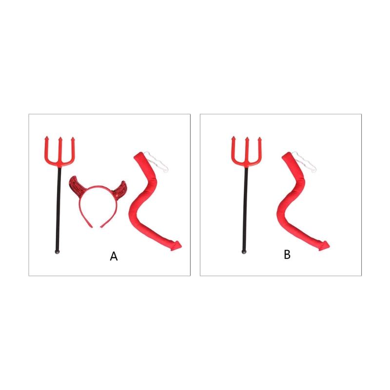 Serre-tête cornes de diable d'Halloween et queue et sceptre ras du cou Accessoires de fête de costume de cosplay d'Halloween pour adulte