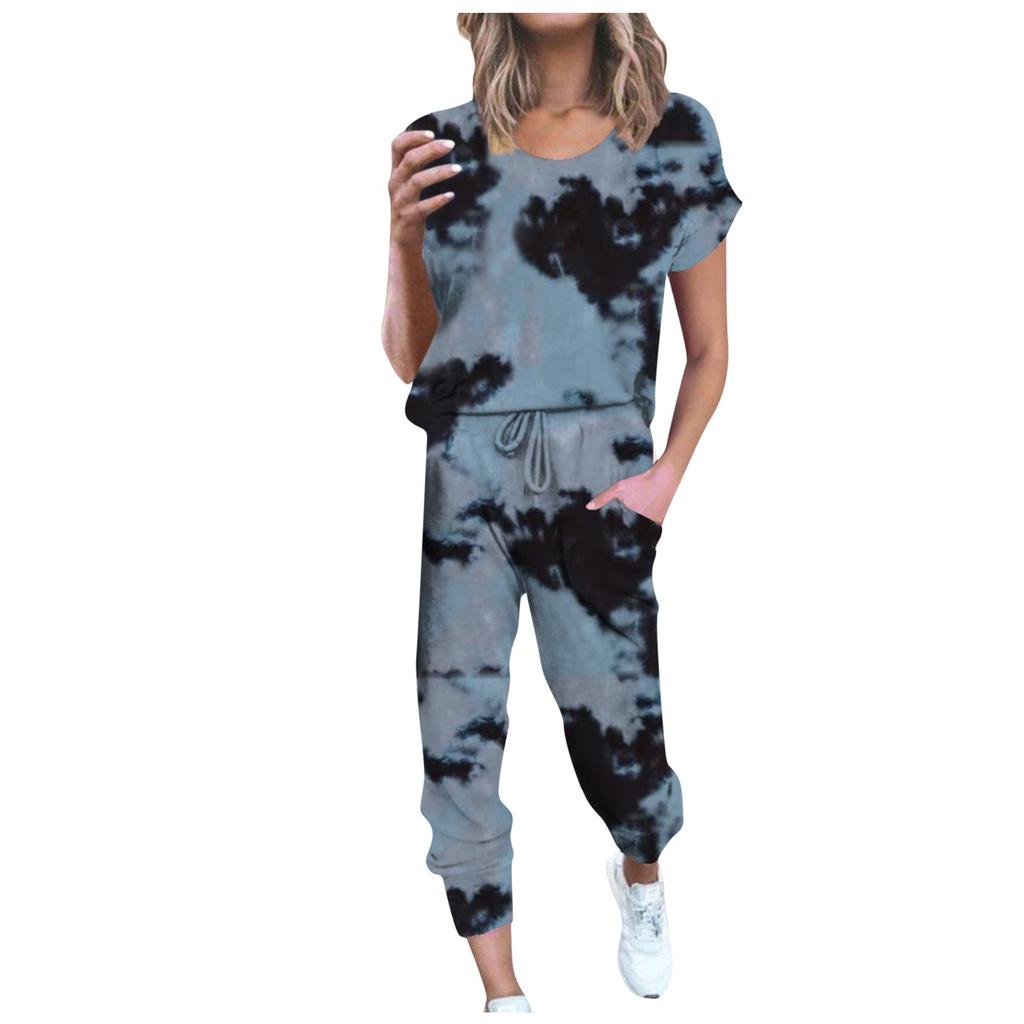 Women Round Neck Lip Print Tie-Dye Casual Short Sleeve Sports Suit
