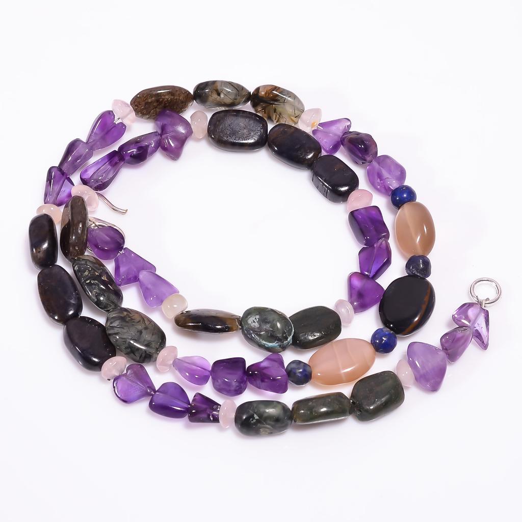 Amethyst Rutile Quartz Moonstone Gemstone Beads Necklace 3-12 mm 18" UB-7956 UB-7956
