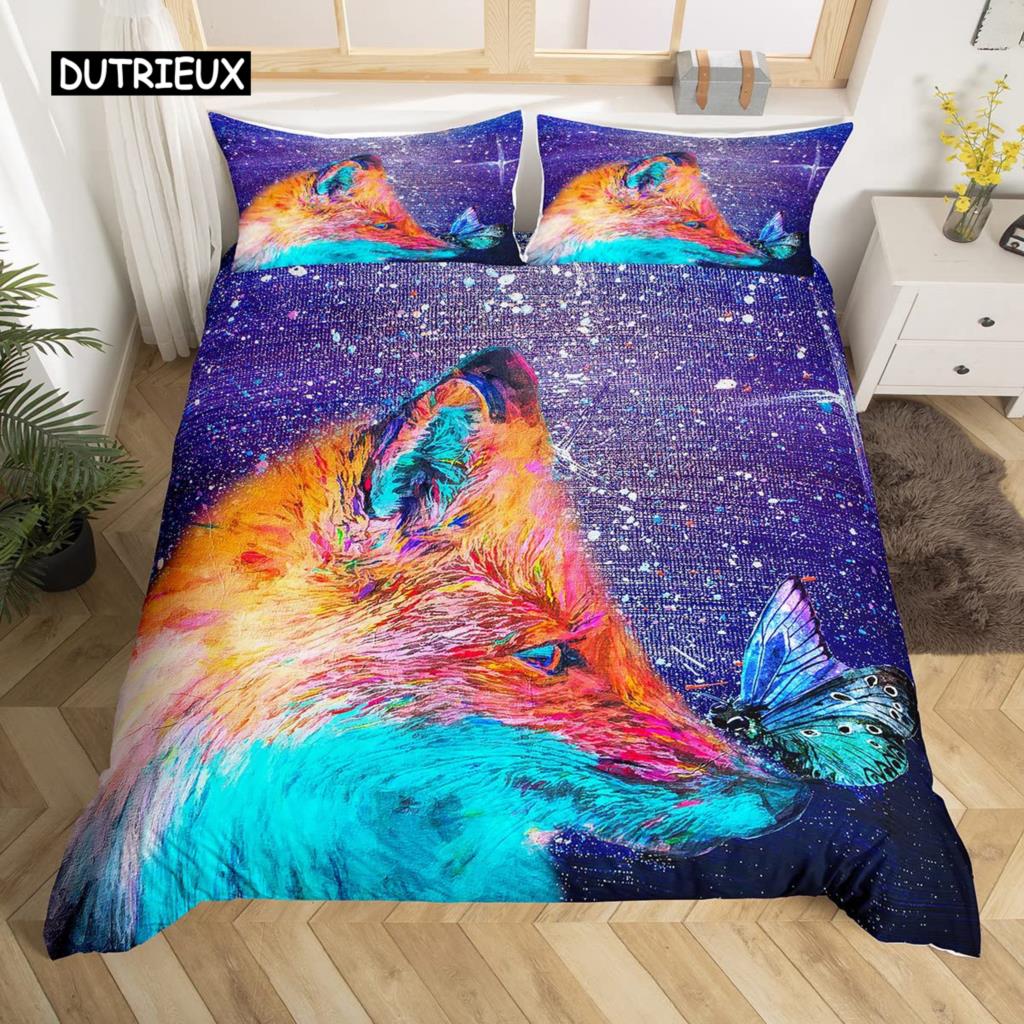 Cartoon Fuchs König Königin Bettbezug Lieblich Orange Tier Floral Bettwäsche Set Kinder Mädchen Blumen Pflanze 2/3tlg. Polyester Steppdeckenbezug