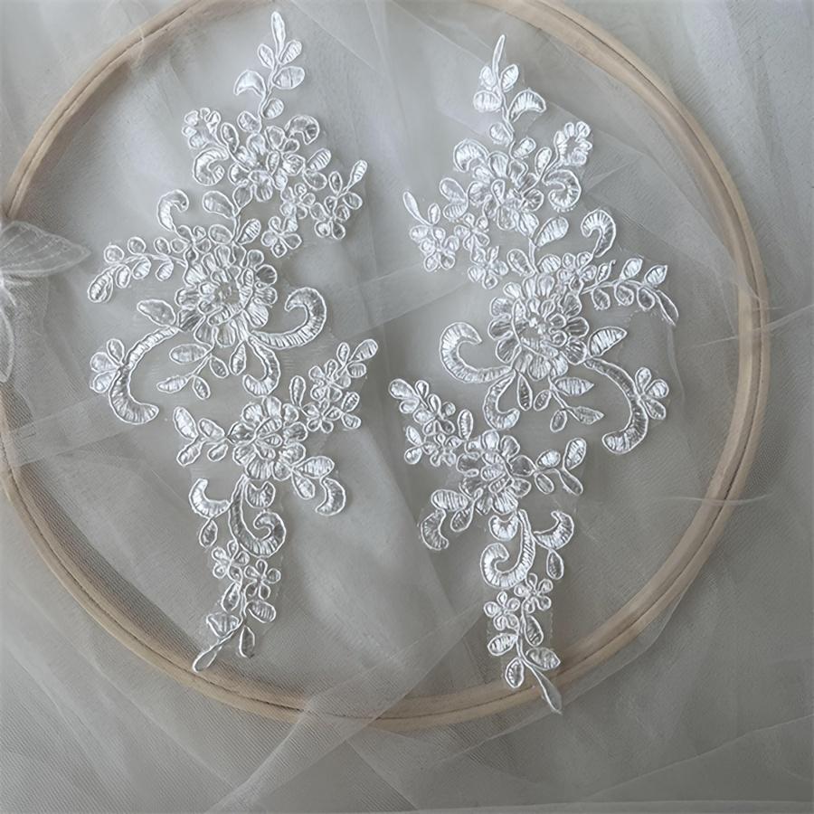 Pair of Floral Lace Applique Patches Embroidered Iron-On Decoration for Wedding Dress DIY Crafting - White