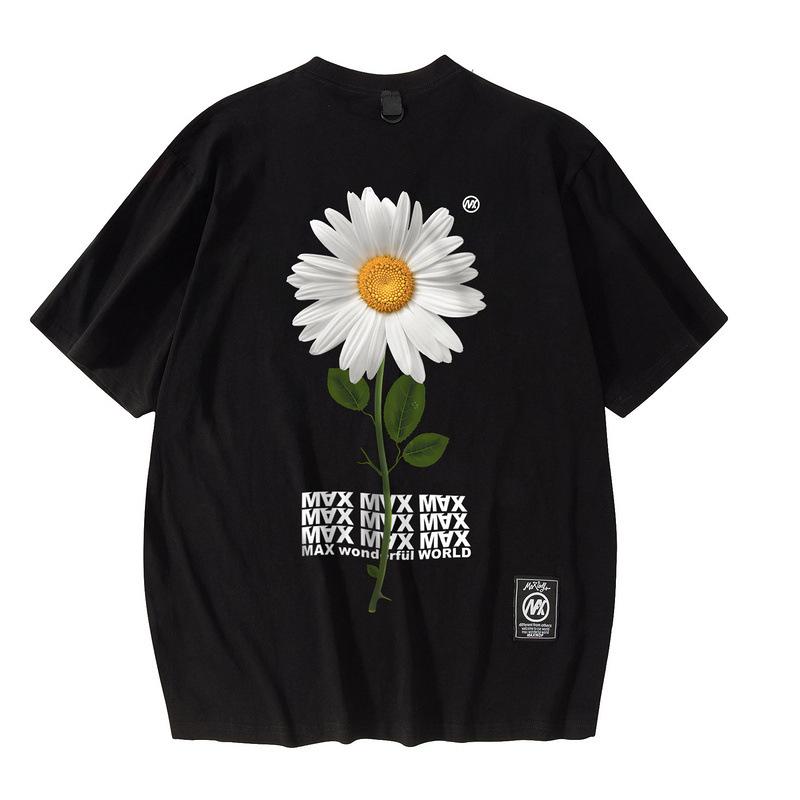 Guochao Brand Daisy Printing Short-Sleeved T-Shirt For Men And Women Couples Oversize Street Half-Sleeved Ins Tide