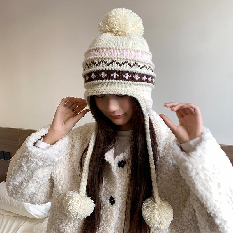 

Knitted Hat for Women Outdoor Thickened Warm Protective Fur Ball Ear Thunder Hat Autumn and Winter Face Showing Small Cold Proof Pullover Woolen Hat 56-62CM