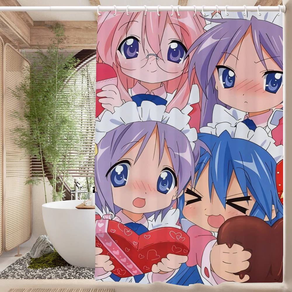 Popular Anime Cute L-Lucky Stars Polyester Shower Curtain Waterproof Rust Resistant Grommet Easy Care Wipe Clean Durable