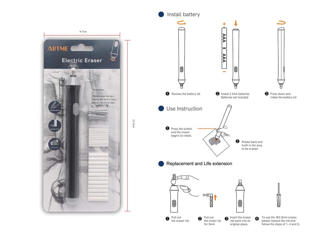 Artme Electric Eraser 22 Refills and Students Eraser/Automatic - (2.3mm 5mm) - Sketching, Architects, Engineers,