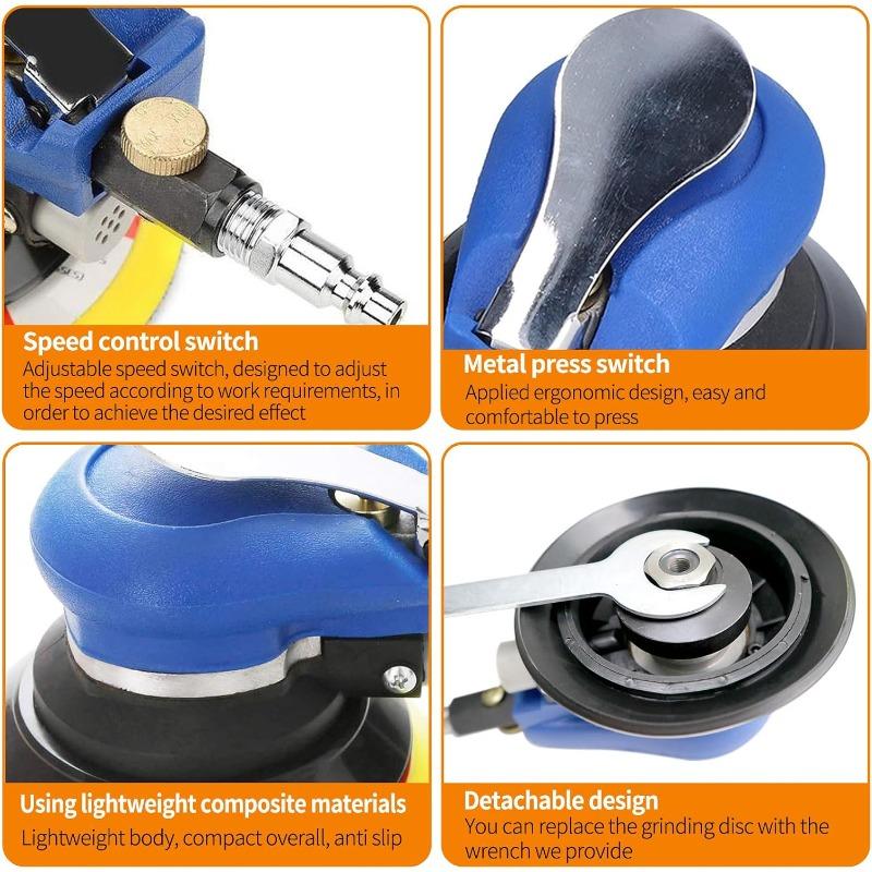 Air Random Orbital Sander with Pad 5"(125mm), 10000RPM Dual Action Pneumatic Palm Sander with Speed Regulation, Air Powered and Swirl Free,