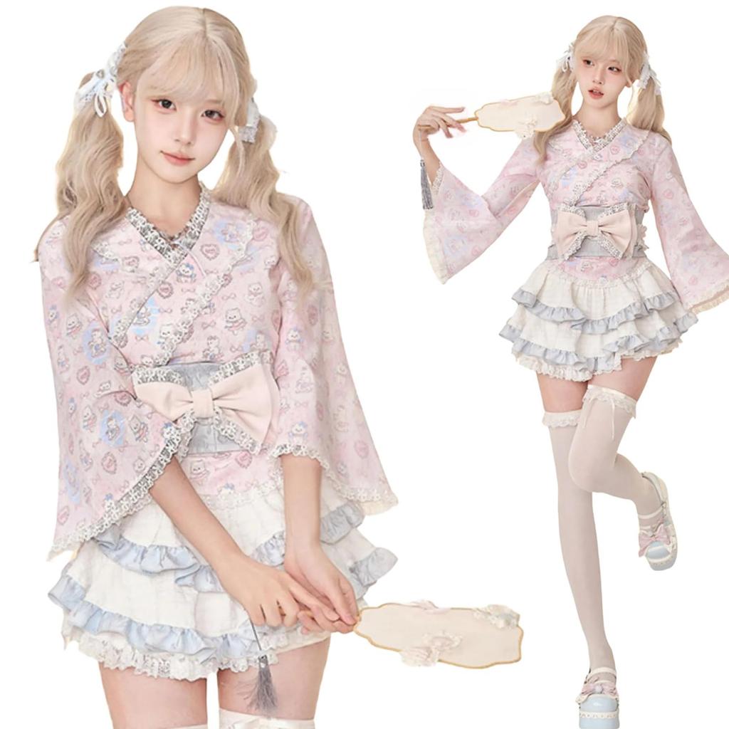 Ligwon Yukata Lolita Japanese Cosplay Top and Bottom Cute Costume for Cultural School Gift Dress, Pink, Style, Costume, Set, Women, Halloween,
