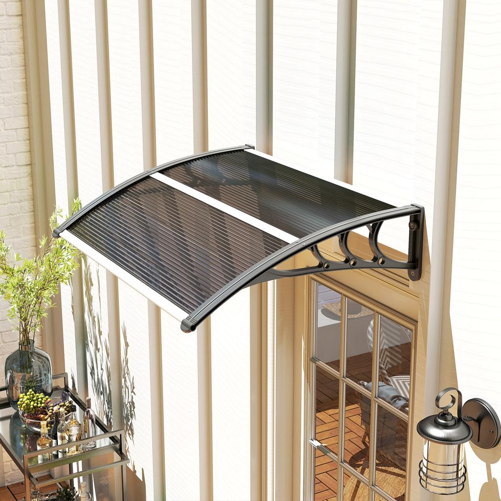 Front Door Canopy Outdoor Awning Aluminium Rigid Plastic Polycarbonate Rain Shelter UV Water Rain Resistant 100 X 75cm Black