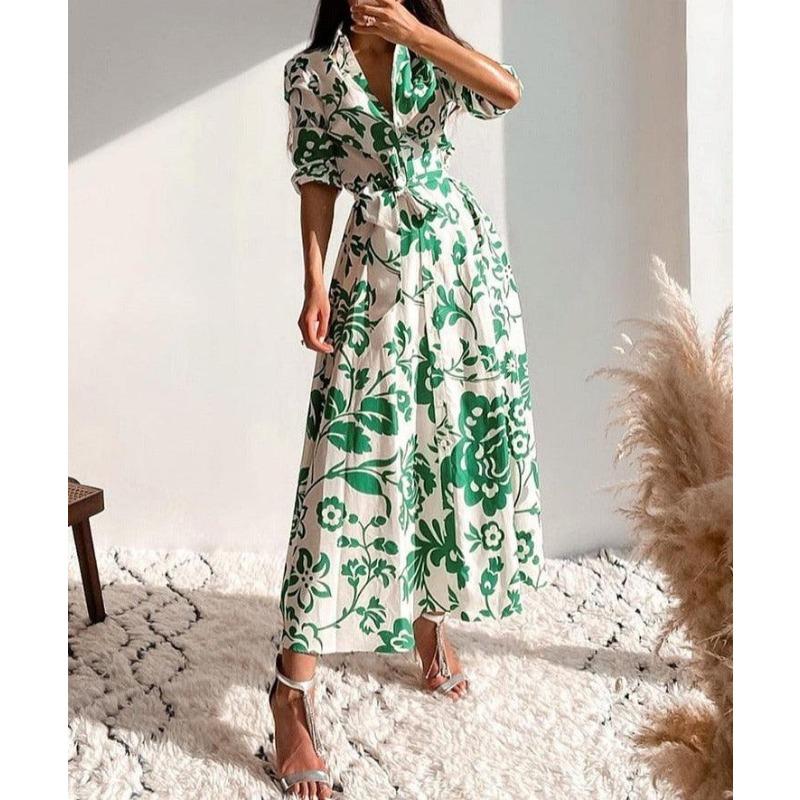 

New Elegant Printed Floral Loose Women Shirt Dress Lapel Casual Style Lace Up Party Medium Long Dress Button Cardigan Clothes 2XL білий