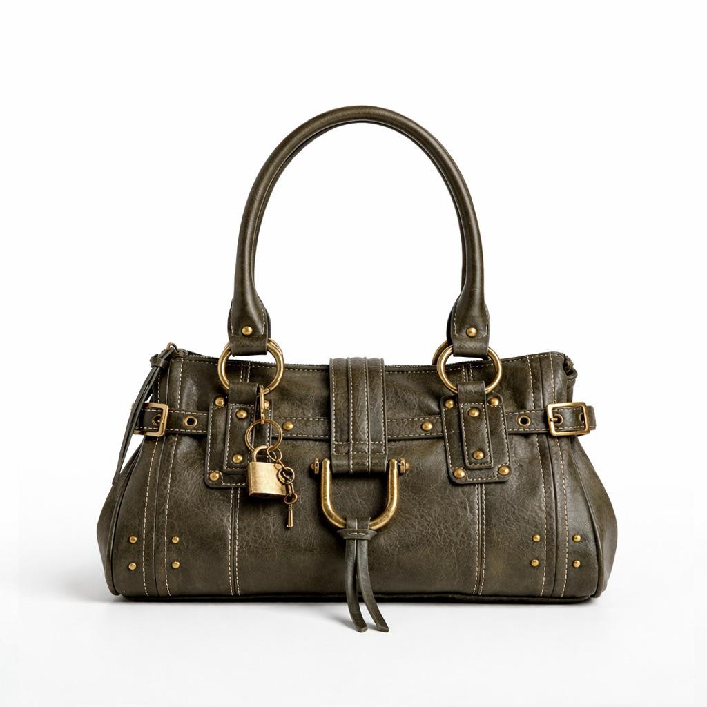 Women's New Y2K Millennium Style Large Capacity Tote Bag with Retro Design Lock Head Rivet Women's Handheld Underarm Bag