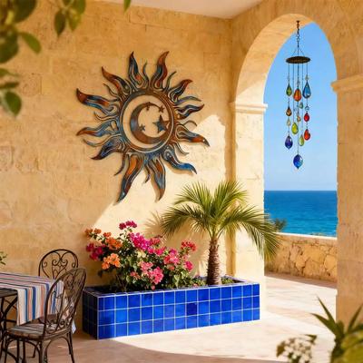 1 Pezzo Decorazione da Parete Artistica in Ferro a Forma di Sole Bizzarro per Esterni, Decorazione Unica per Patio e Giardino, Sole a Spirale Fantastico, Sole con Luna e Stelle, Decorazione in Metallo
