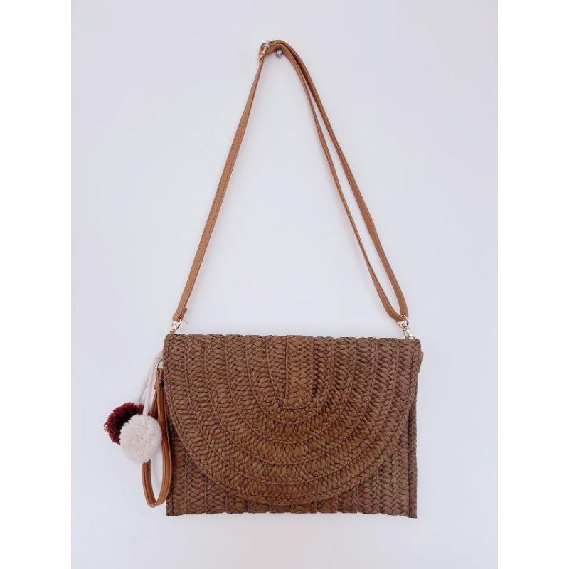 

Women s Handwoven Straw Bag - Ethnic-Inspired Clutch Purse with Phone Pocket & Adjustable Strap for Beach Vacation & Daily Boho Outfits темно-коричневого