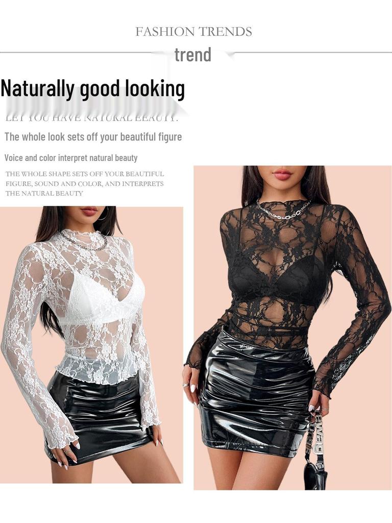 2025 Spring Elegant Women's Lace Trim Slimming Long Sleeve Top