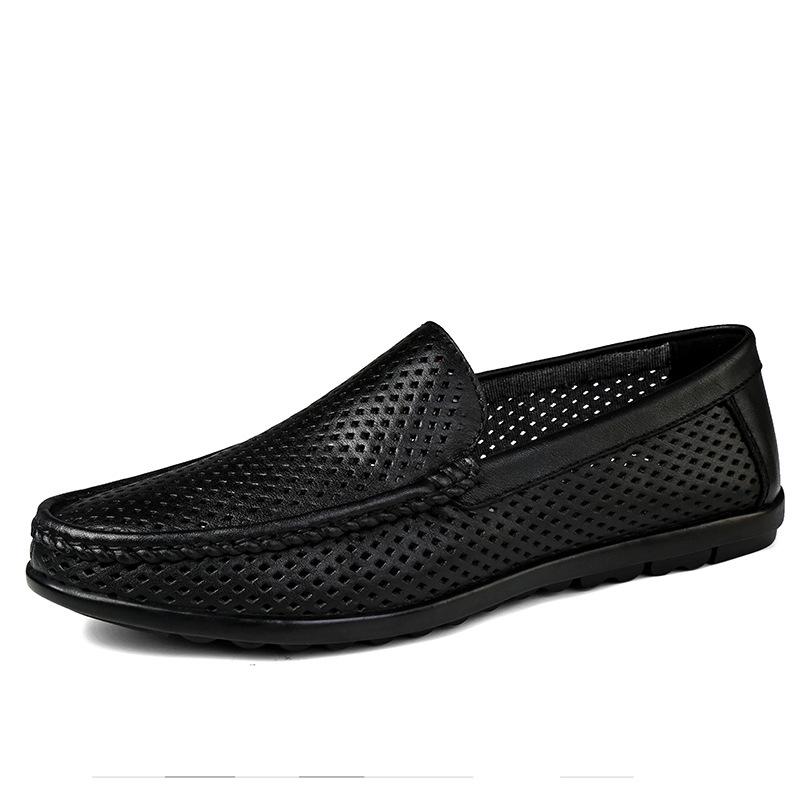 Men's Hollow Leather Slip-On Loafers - Breathable, Summer, Low-Top Flats, Large Size Cowhide Casual Shoes