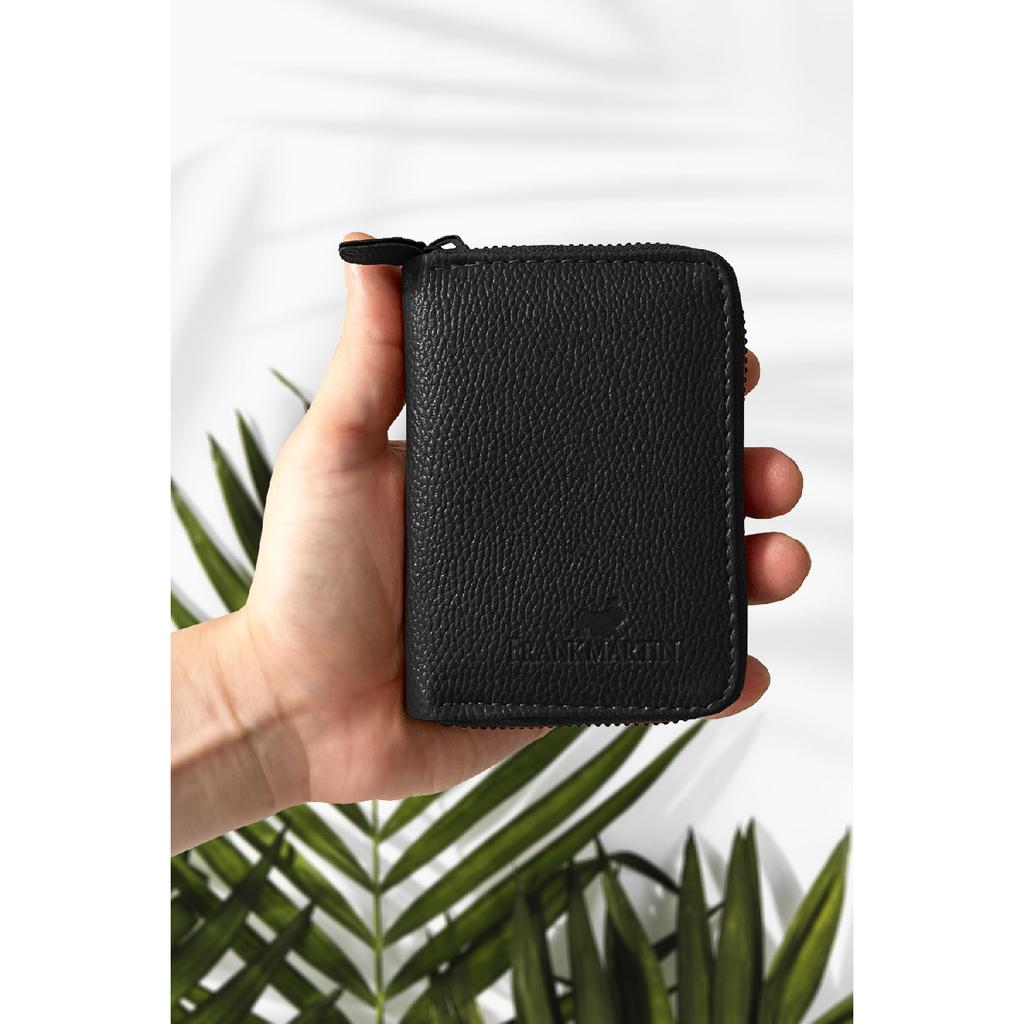 Stilvolles schwarzes Kartenetui aus Leder mit originellem Geldfach mit Reißverschluss und Geschenkbox