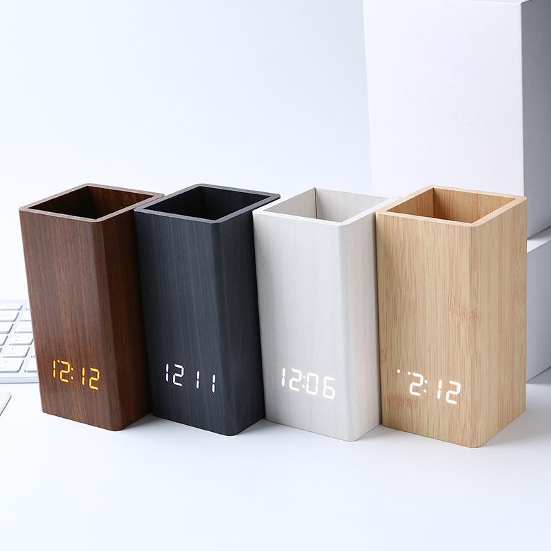 Creative L Pen Holder Alarm Clock Electronic Digital Clock Office Stationery Pen Holder Table Wooden Clock Multifunctional Wooden Clock