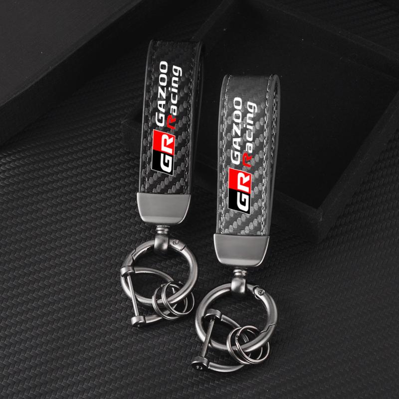 1PC Carbon fiber Car Keychain Key Ring Metal Leather For Toyota GR GAZOO RACING Toyota Yaris Hilux Corolla Prius Accessories