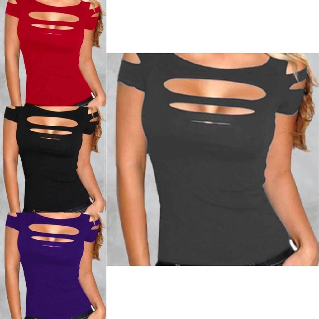 Premium Quality Summer Women's T-shirt Short Sleeve Broken Style Stretch Blouse For Nightclub