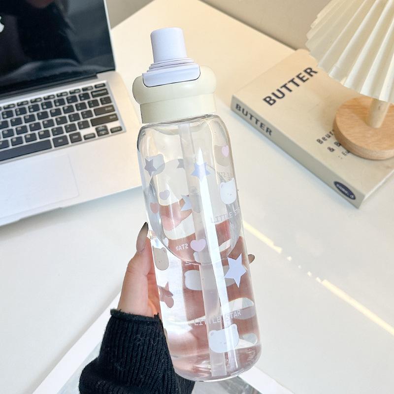 1PCS Bear Cartoon 600ml Portable Large-capacity Water Bottle Sports Straw Cups Student Plastic Water Cups Children's Mug