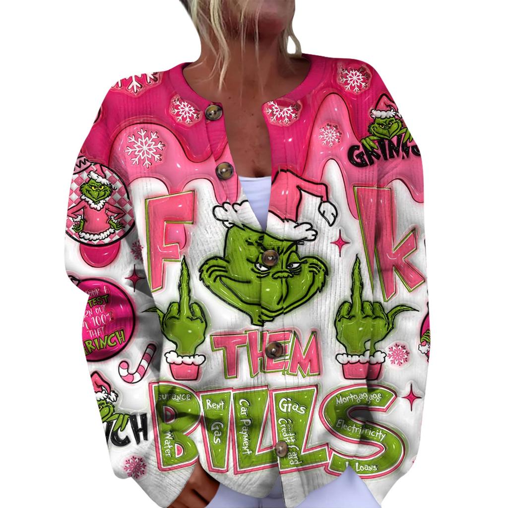 Women's Fashion Christmas Printed Long Sleeve Knitted Cardigan Button Down Jacket