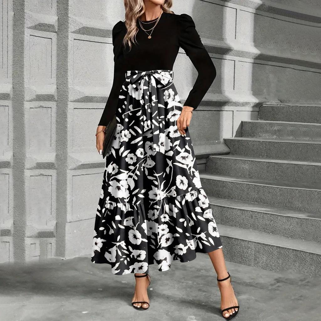Women's Floral Print High Waist Fashionable And Elegant Dress