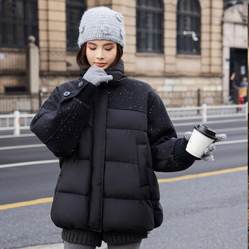 Gypsy star hot diamond woolen splicing down cotton jacket women's winter new design cotton coat warm top