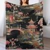 GUOYU Decke Überwurfdecke Chinoiserie Anthrazit Koralle Pagode Flanell Fleece Überwurfdecke Japanischer Asiatischer Stil Decke Pagode und Blume