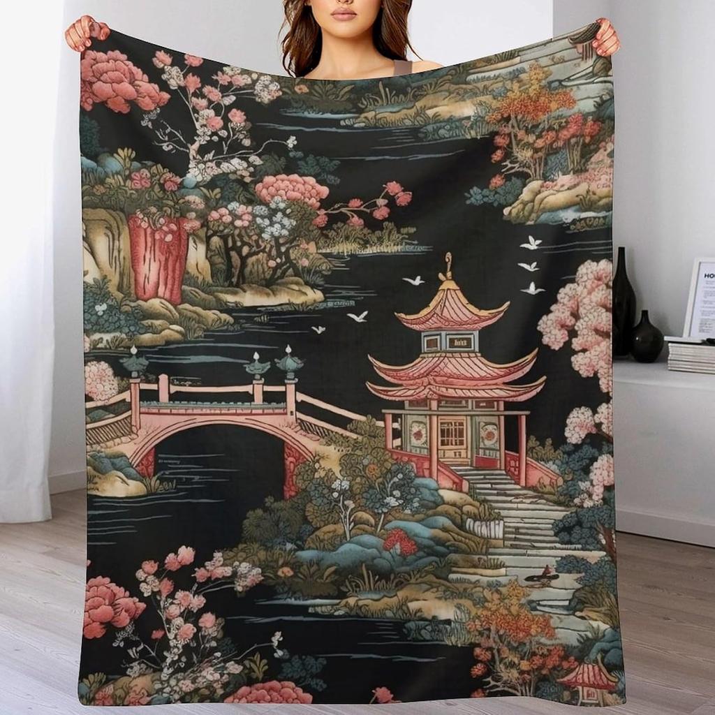 GUOYU Decke Überwurfdecke Chinoiserie Anthrazit Koralle Pagode Flanell Fleece Überwurfdecke Japanischer Asiatischer Stil Decke Pagode und Blume
