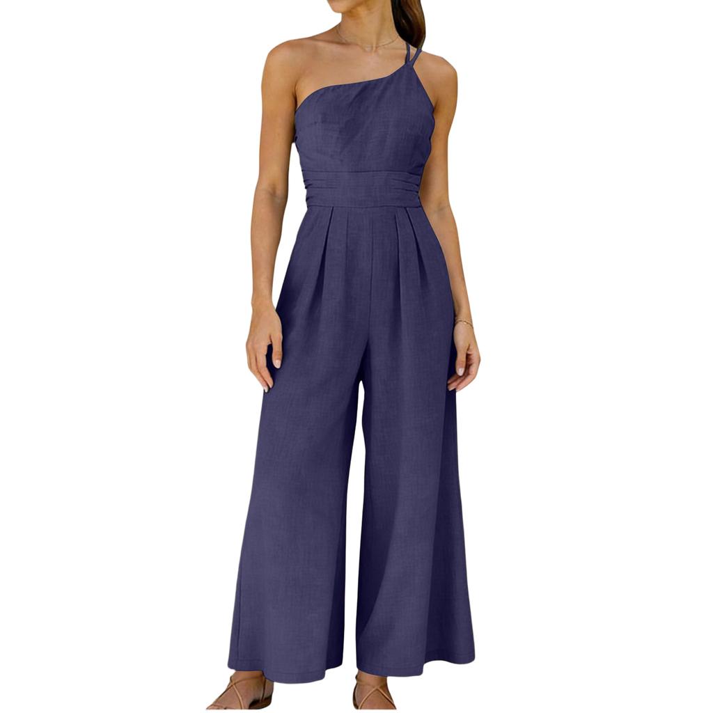 Women's Color Loose Wide Leg Cotton Linen Jumpsuit Pants