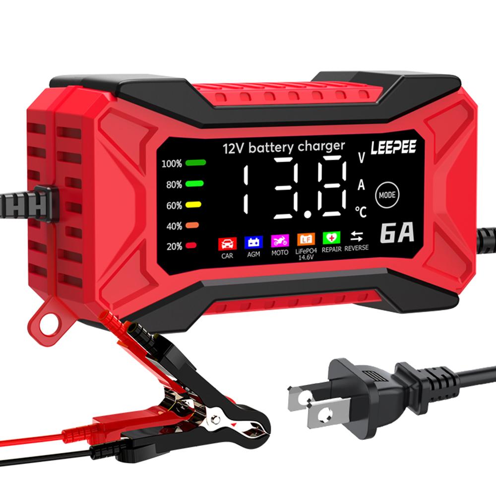 12V 6A Overvoltage Protection Intelligent Pulse Repair Car Battery Charger Voltage Temperature Detection Digital LCD Display