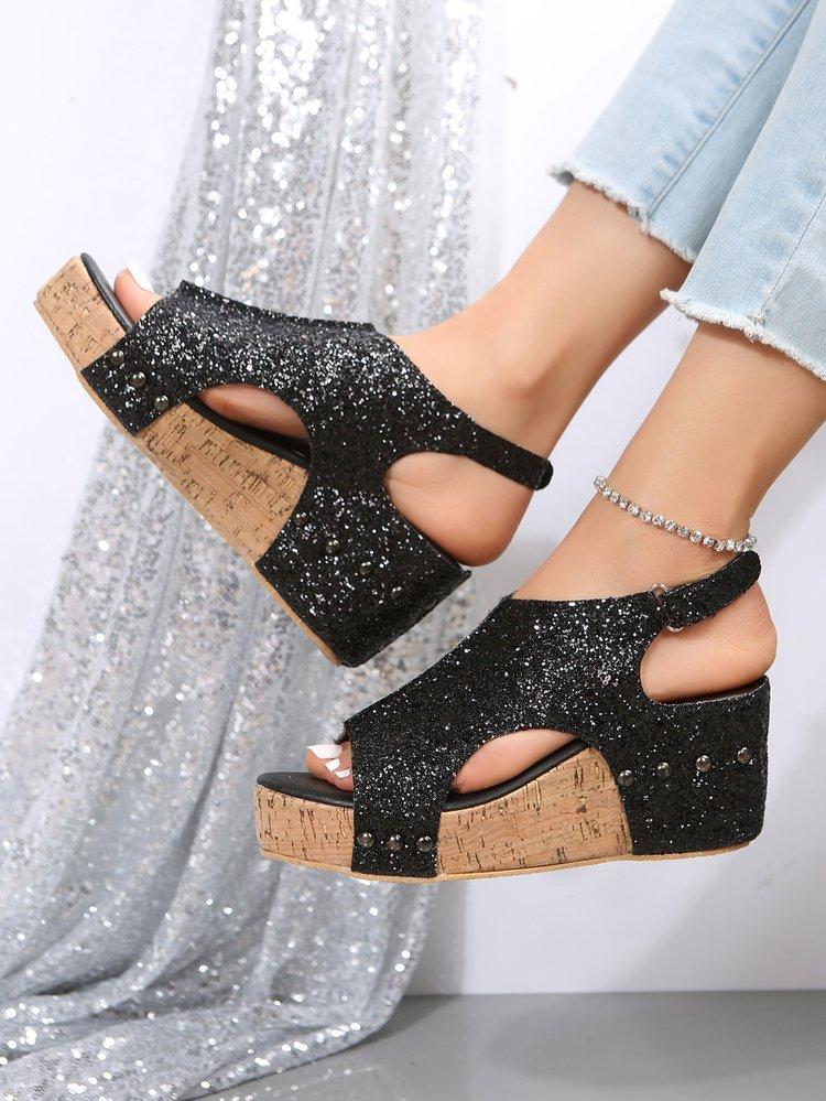Roman Sandals Women Sequins Flat Slope Heel Thick Bottom Sandals Ladies