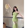 Spice Girl Pure Desire Mesh Splicing Suspender Dress New Waist Thin Pleated Temperament Fishtail Long Dress Female Summer