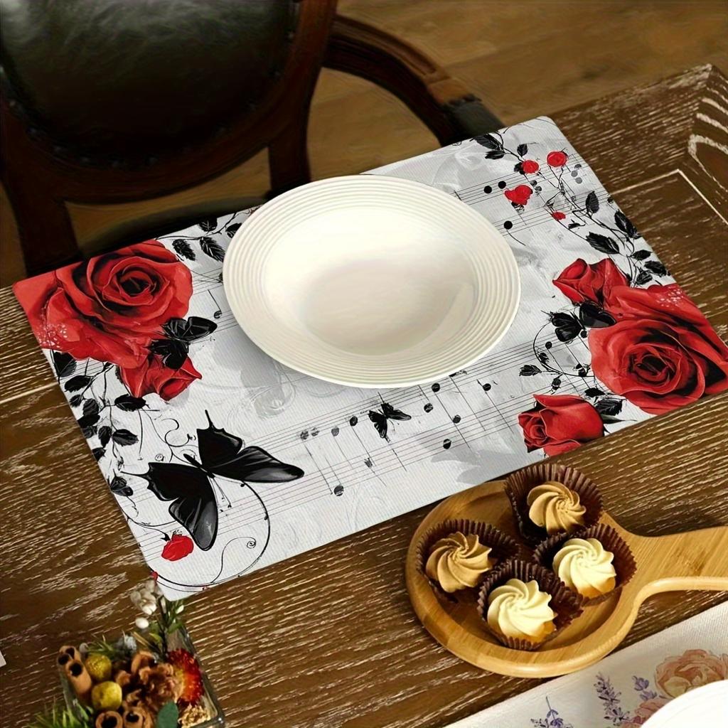 4pcs Elegant Red Rose & Black Butterfly Placemats On White Background - 12"x18" Polyester Woven Table Mats for Spring/Summer Dining, Wedding Banquets