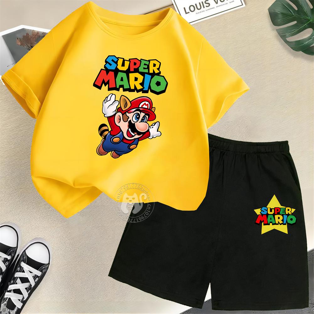 

2025 MINISO Хипстер Подростковый Летний Набор из двух вещей: Футболка с коротким рукавом + Шорты Детская Футболка с коротким рукавом + Шорты Принт Супер Марио Мальчики Девочки Уличная Мода 120