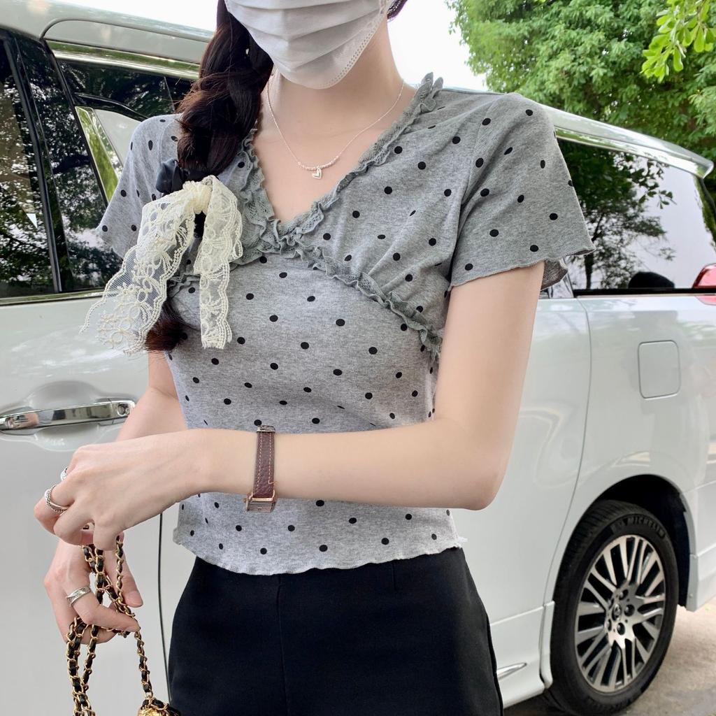 Lace Earrings Polka Dot V-neck Short-sleeved T-shirt for Women's Summer New Design Short Shirt Top