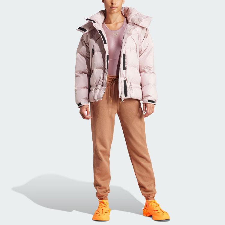Adidas Jachetă căptușită de lungime medie X Stella McCartney, cu imprimeu cu litere, rezistentă la vânt, impermeabilă, sport, largi, cu glugă Jachetă pentru femei, roz IT5745