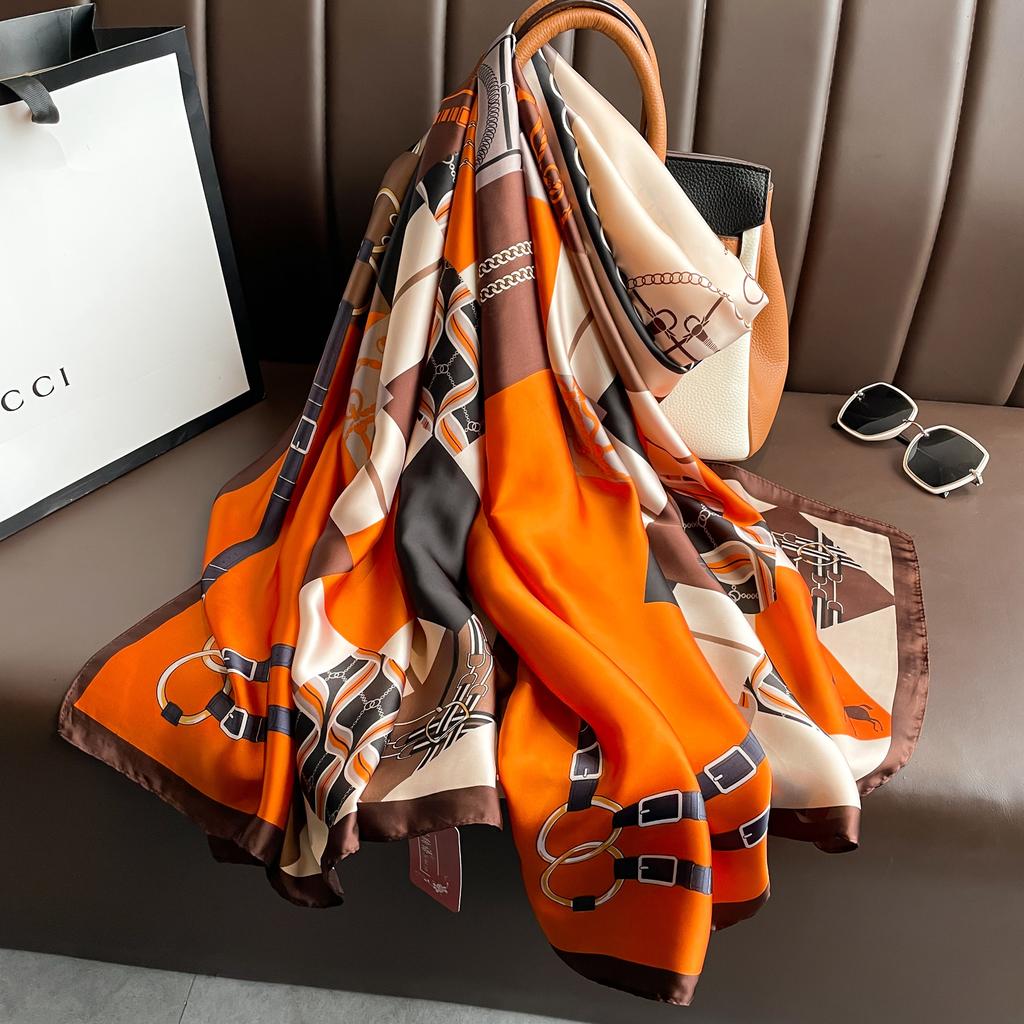 1pc Orange Retro Colorblock Patchwork Printed Faux Silk 90*180cm Long Scarf,