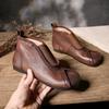 Johnature Handmade Vintage Genuine Leather Flat Ankle Boots Round Toe Soft Cowhide Women's Slip-on Shoes