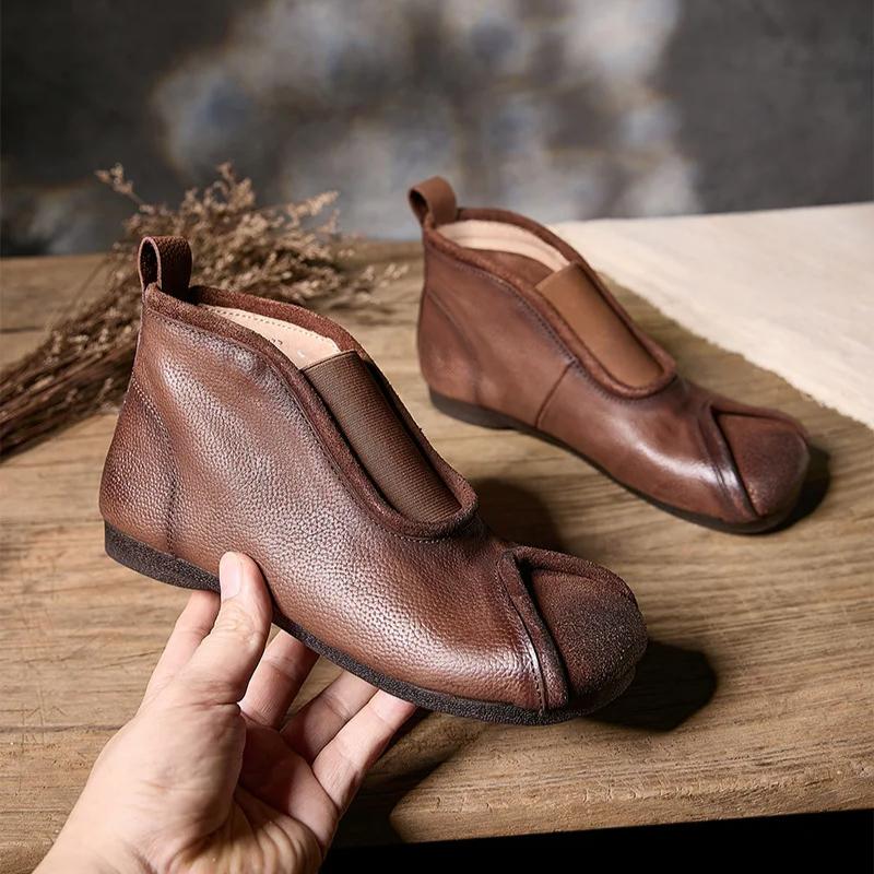 Johnature Handmade Vintage Genuine Leather Flat Ankle Boots Round Toe Soft Cowhide Women's Slip-on Shoes